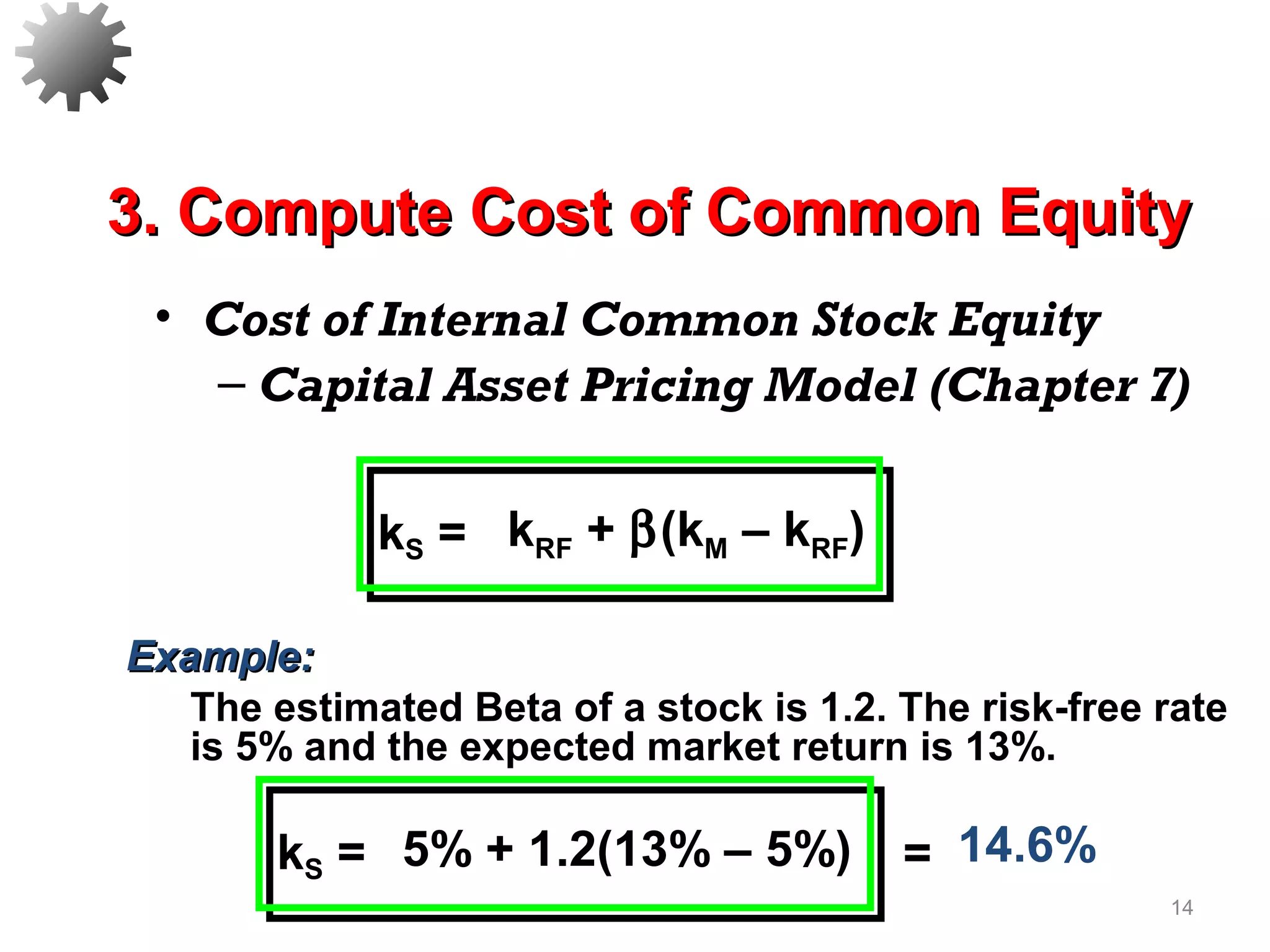 • Cost of Internal Common Stock Equity
– Capital Asset Pricing Model (Chapter 7)
14
kS = 5% + 1.2(13% – 5%) 14.6%
3. Compute Cost of Common Equity3. Compute Cost of Common Equity
=
Example:Example:
The estimated Beta of a stock is 1.2. The risk-free rate
is 5% and the expected market return is 13%.
kS = kRF + β(kM – kRF)
 