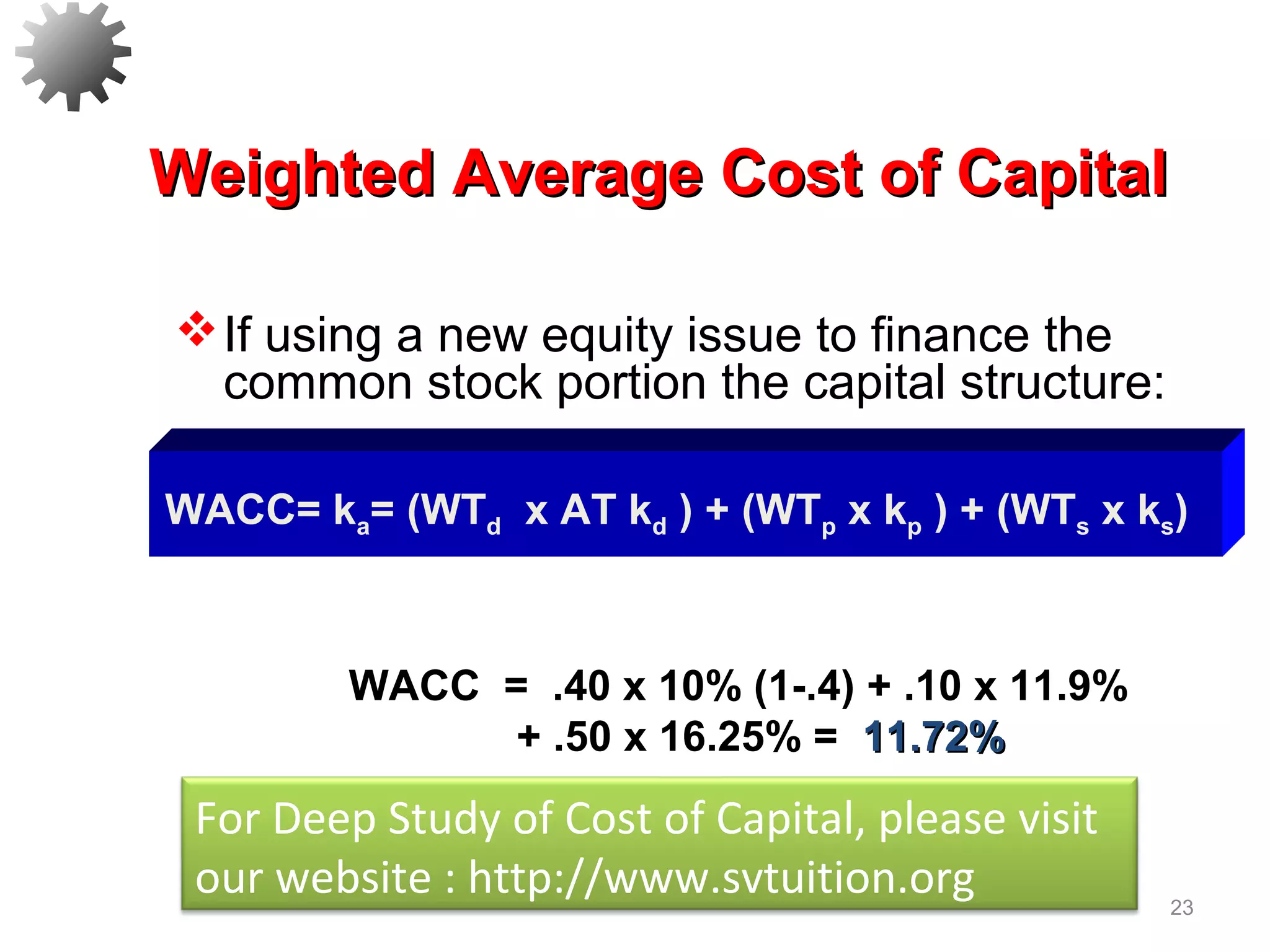 23
Weighted Average Cost of CapitalWeighted Average Cost of Capital
WACC = .40 x 10% (1-.4) + .10 x 11.9%
+ .50 x 16.25% = 11.72%11.72%
If using a new equity issue to finance the
common stock portion the capital structure:
WACC= ka= (WTd x AT kd ) + (WTp x kp ) + (WTs x ks)
For Deep Study of Cost of Capital, please visit
our website : http://www.svtuition.org
 