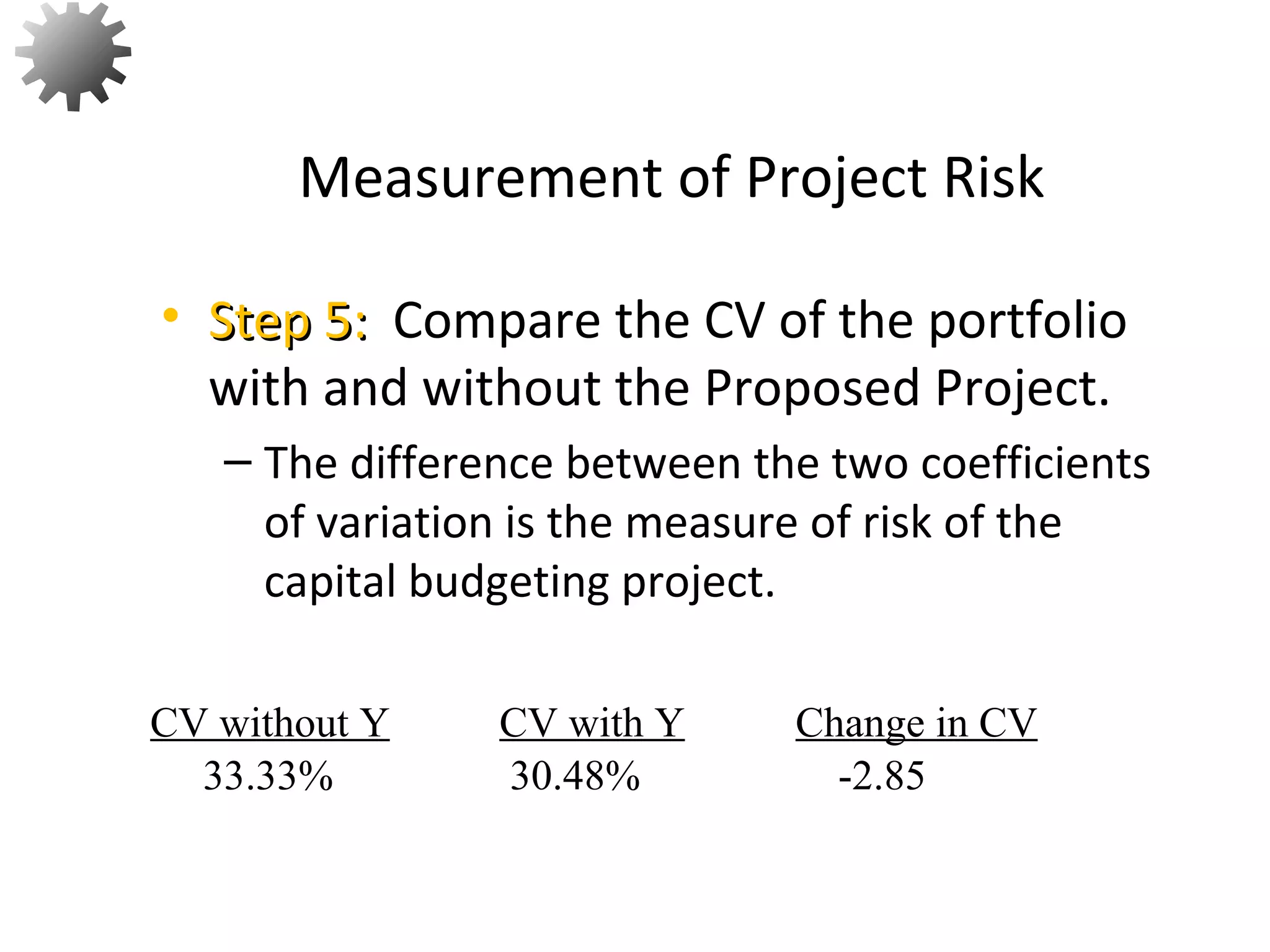 • Step 5:Step 5: Compare the CV of the portfolio
with and without the Proposed Project.
– The difference between the two coefficients
of variation is the measure of risk of the
capital budgeting project.
Measurement of Project Risk
60
CV without Y Change in CVCV with Y
33.33% -2.8530.48%
 