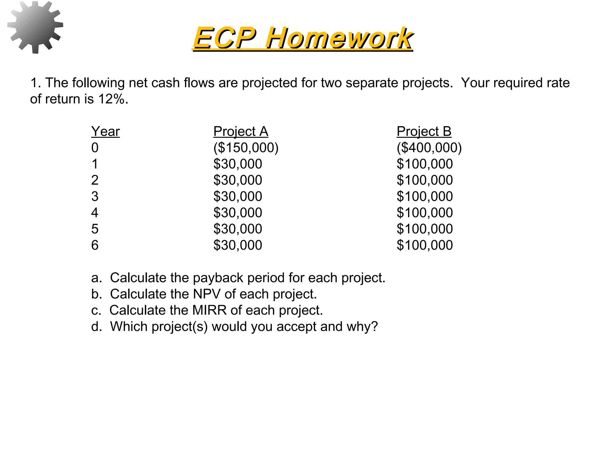 ECP HomeworkECP Homework
1. The following net cash flows are projected for two separate projects. Your required rate
of return is 12%.
Year Project A Project B
0 ($150,000) ($400,000)
1 $30,000 $100,000
2 $30,000 $100,000
3 $30,000 $100,000
4 $30,000 $100,000
5 $30,000 $100,000
6 $30,000 $100,000
 
a. Calculate the payback period for each project.
b. Calculate the NPV of each project.
c. Calculate the MIRR of each project.
d. Which project(s) would you accept and why?
 