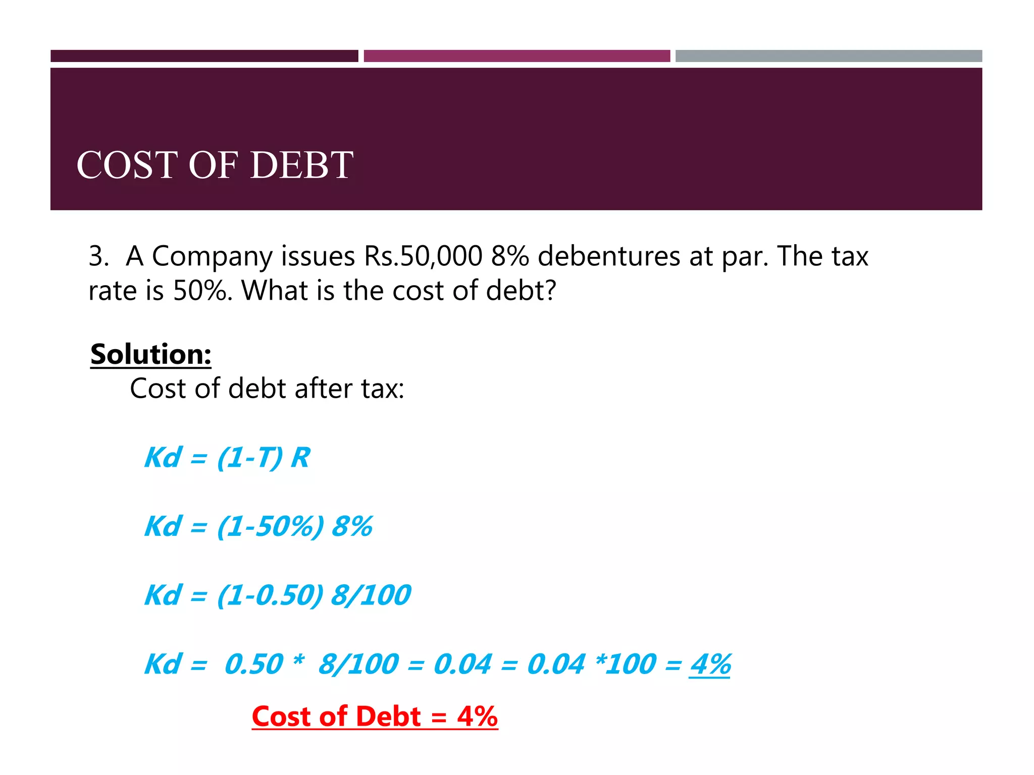 COST OF DEBT
3. A Company issues Rs.50,000 8% debentures at par. The tax
rate is 50%. What is the cost of debt?
Solution:
Cost of debt after tax:
Kd = (1-T) R
Kd = (1-50%) 8%
Kd = (1-0.50) 8/100
Kd = 0.50 * 8/100 = 0.04 = 0.04 *100 = 4%
Cost of Debt = 4%
 