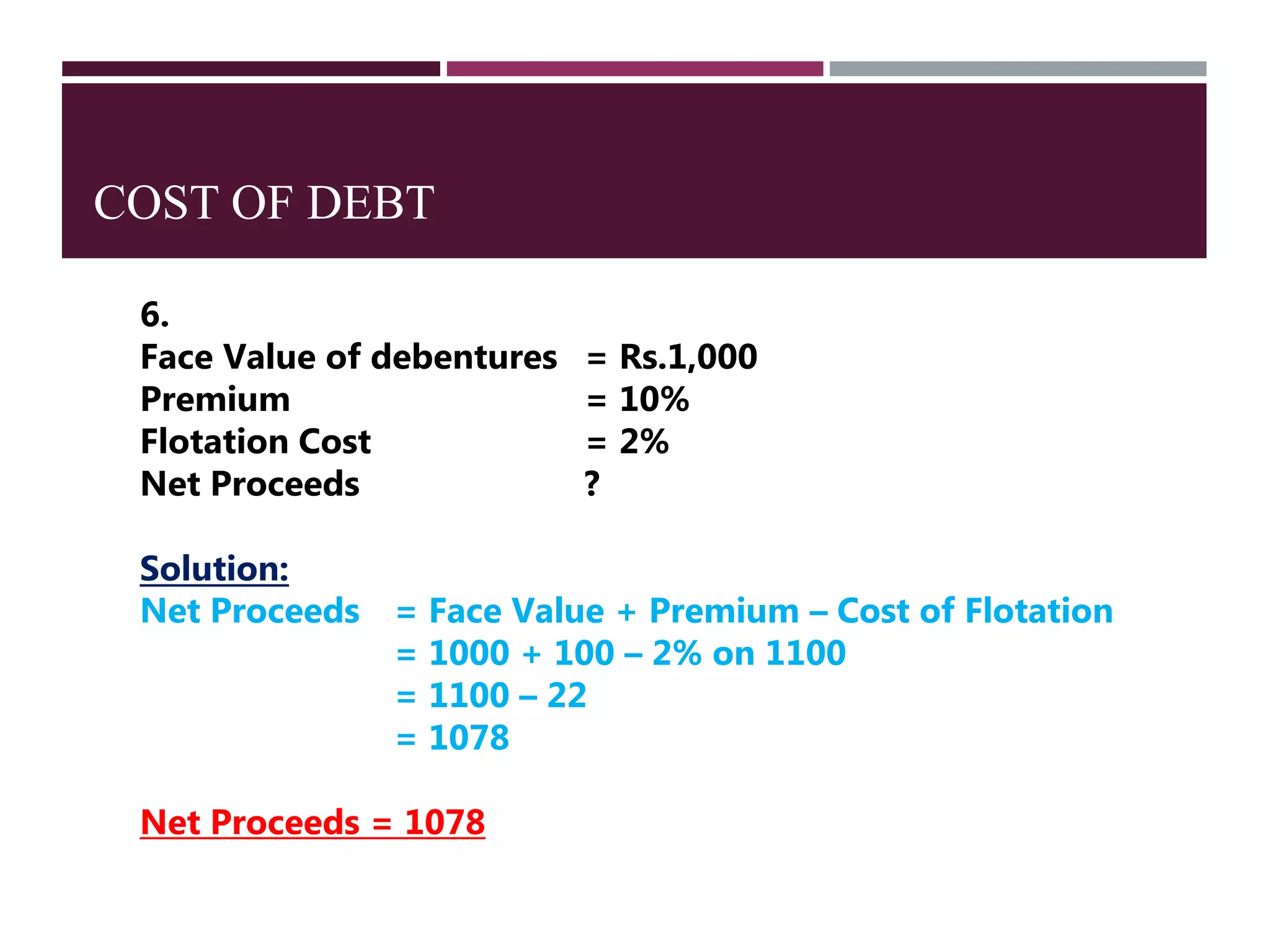 COST OF DEBT
6.
Face Value of debentures = Rs.1,000
Premium = 10%
Flotation Cost = 2%
Net Proceeds ?
Solution:
Net Proceeds = Face Value + Premium – Cost of Flotation
= 1000 + 100 – 2% on 1100
= 1100 – 22
= 1078
Net Proceeds = 1078
 