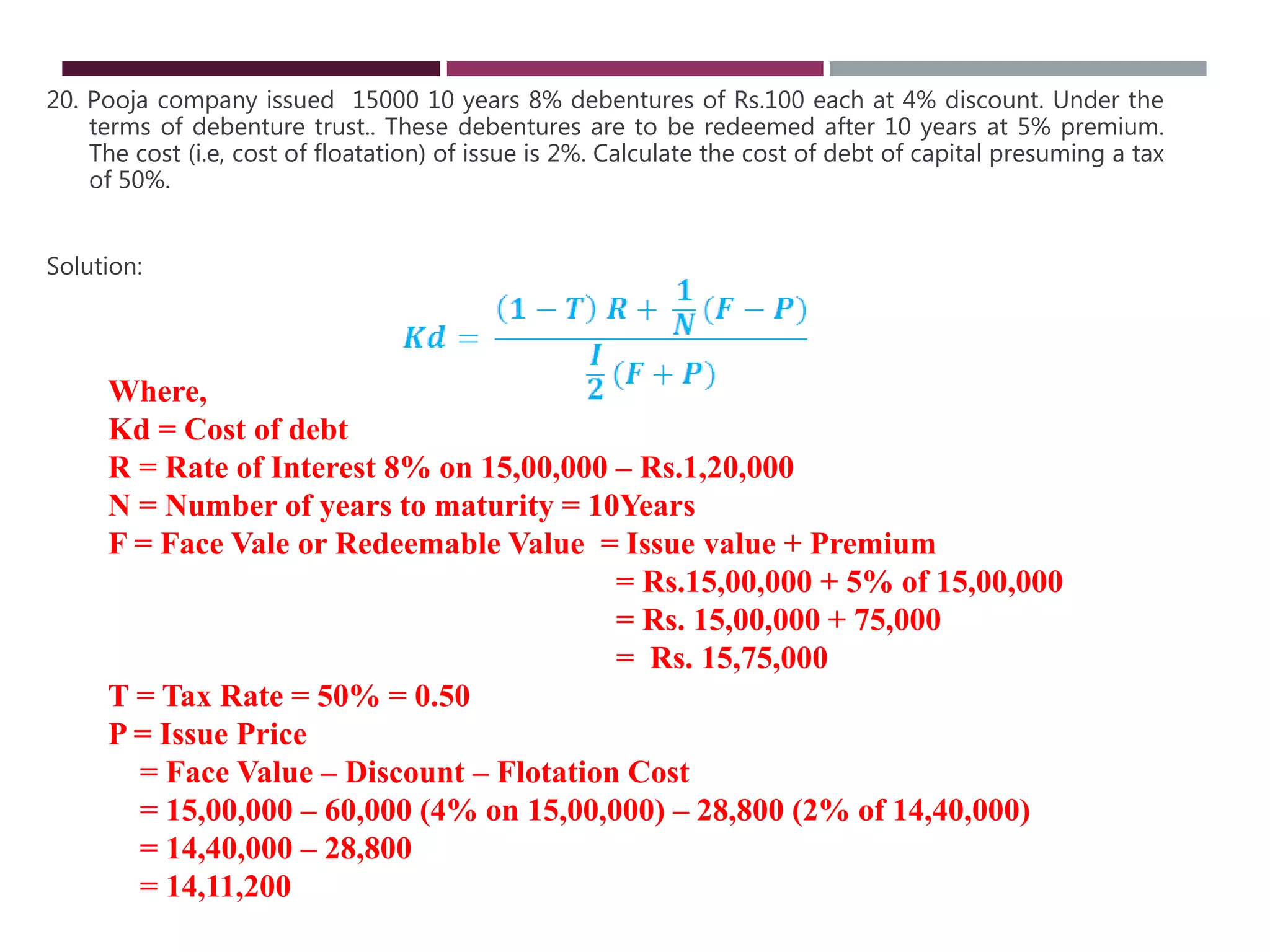 20. Pooja company issued 15000 10 years 8% debentures of Rs.100 each at 4% discount. Under the
terms of debenture trust.. These debentures are to be redeemed after 10 years at 5% premium.
The cost (i.e, cost of floatation) of issue is 2%. Calculate the cost of debt of capital presuming a tax
of 50%.
Solution:
Where,
Kd = Cost of debt
R = Rate of Interest 8% on 15,00,000 – Rs.1,20,000
N = Number of years to maturity = 10Years
F = Face Vale or Redeemable Value = Issue value + Premium
= Rs.15,00,000 + 5% of 15,00,000
= Rs. 15,00,000 + 75,000
= Rs. 15,75,000
T = Tax Rate = 50% = 0.50
P = Issue Price
= Face Value – Discount – Flotation Cost
= 15,00,000 – 60,000 (4% on 15,00,000) – 28,800 (2% of 14,40,000)
= 14,40,000 – 28,800
= 14,11,200
 