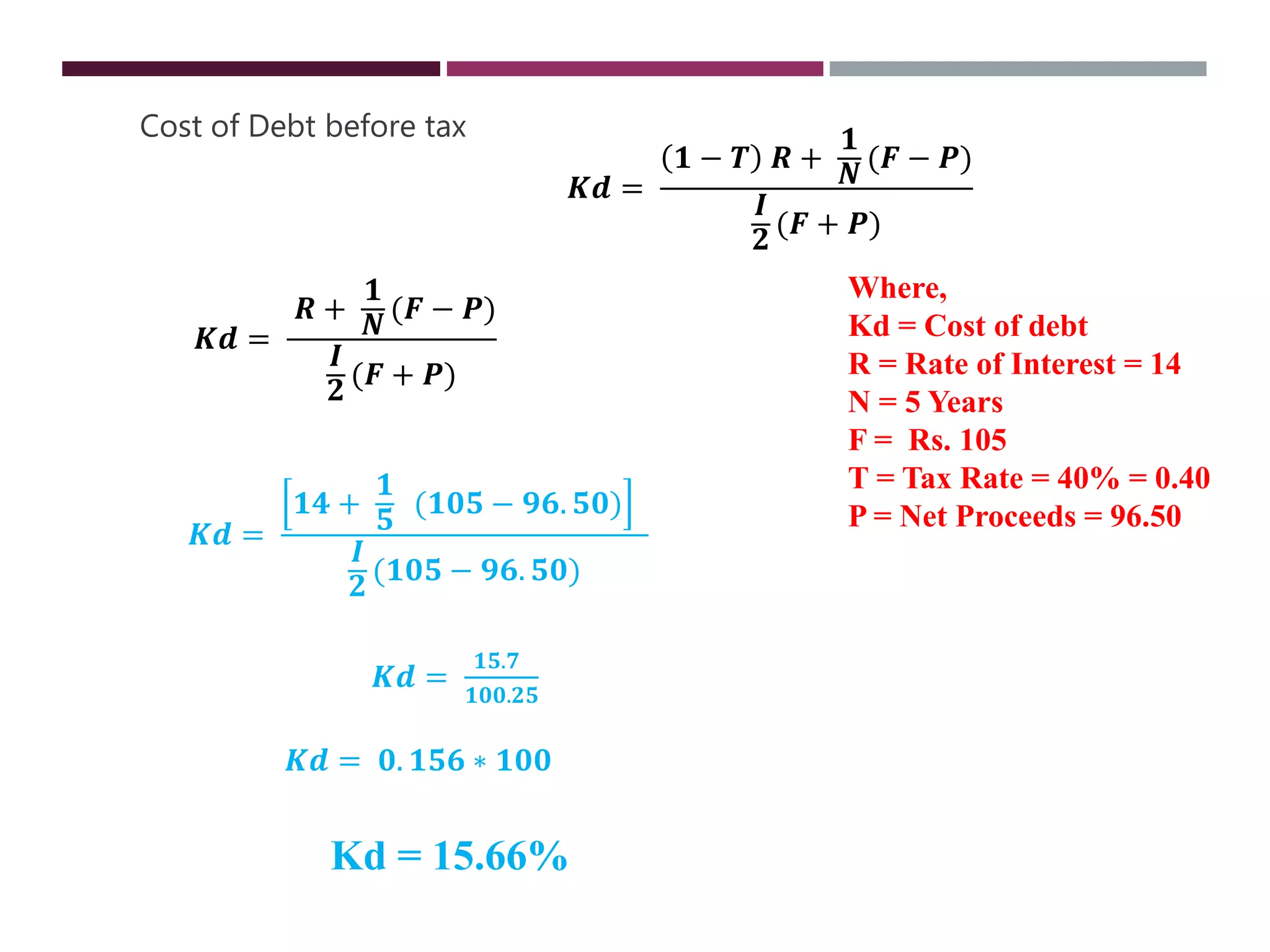 𝑲𝒅 =
𝟏 − 𝑻 𝑹 +
𝟏
𝑵 (𝑭 − 𝑷)
𝑰
𝟐
(𝑭 + 𝑷)
𝑲𝒅 =
𝟏𝟒 +
𝟏
𝟓
(𝟏𝟎𝟓 − 𝟗𝟔. 𝟓𝟎)
𝑰
𝟐 (𝟏𝟎𝟓 − 𝟗𝟔. 𝟓𝟎)
𝑲𝒅 =
𝟏𝟓.𝟕
𝟏𝟎𝟎.𝟐𝟓
𝑲𝒅 = 𝟎. 𝟏𝟓𝟔 ∗ 𝟏𝟎𝟎
Kd = 15.66%
Cost of Debt before tax
𝑲𝒅 =
𝑹 +
𝟏
𝑵 (𝑭 − 𝑷)
𝑰
𝟐
(𝑭 + 𝑷)
Where,
Kd = Cost of debt
R = Rate of Interest = 14
N = 5 Years
F = Rs. 105
T = Tax Rate = 40% = 0.40
P = Net Proceeds = 96.50
 