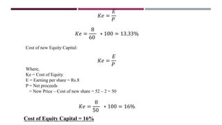 𝐾𝑒 =
𝐸
𝑃
𝐾𝑒 =
8
60
∗ 100 = 13.33%
Cost of new Equity Capital:
𝐾𝑒 =
𝐸
𝑃
Where,
Ke = Cost of Equity
E = Earning per share = Rs.8
P = Net proceeds
= New Price – Cost of new share = 52 – 2 = 50
𝐾𝑒 =
8
50
∗ 100 = 16%
Cost of Equity Capital = 16%
 