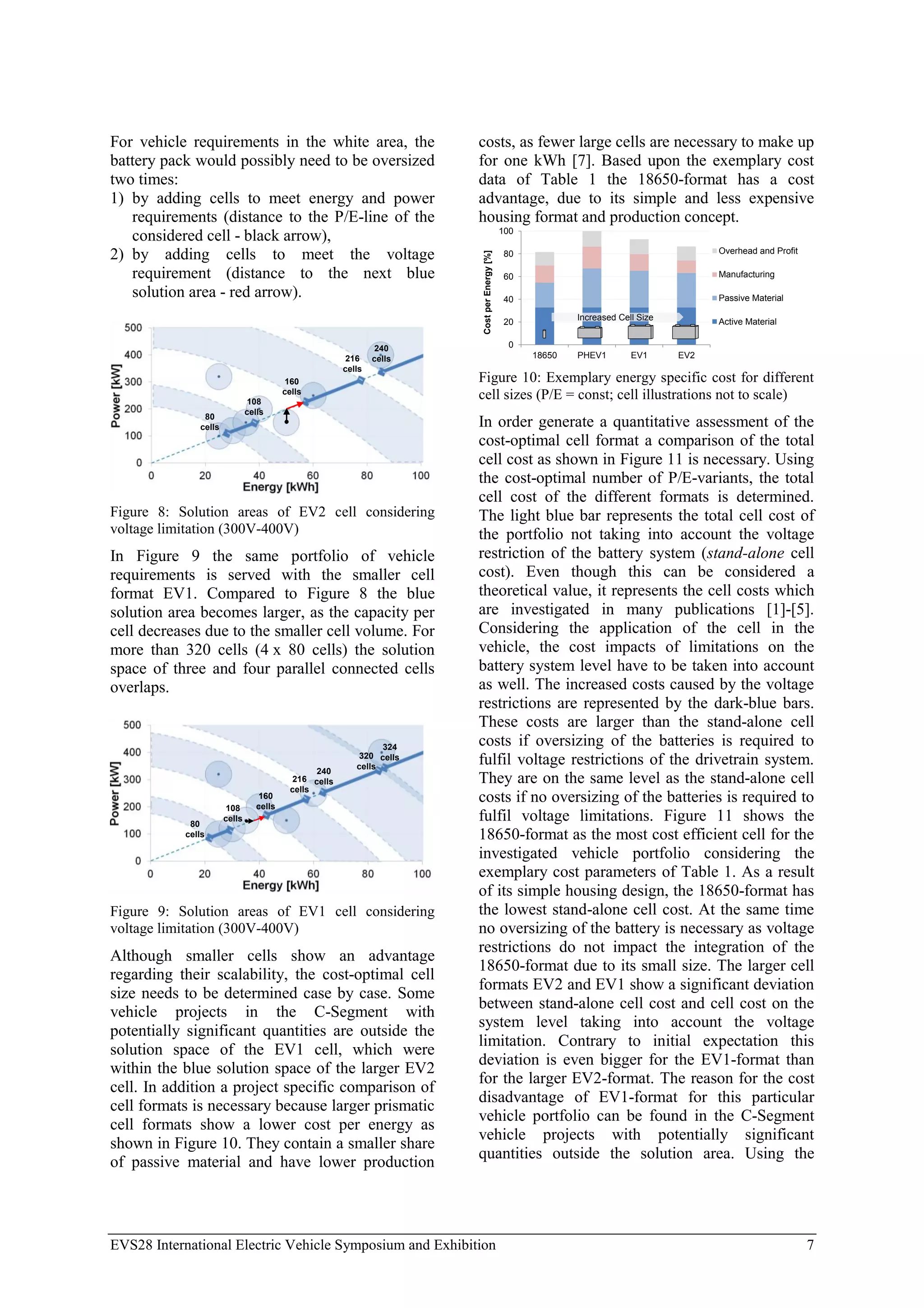 EVS28 International Electric Vehicle Symposium and Exhibition 7
For vehicle requirements in the white area, the
battery pack would possibly need to be oversized
two times:
1) by adding cells to meet energy and power
requirements (distance to the P/E-line of the
considered cell - black arrow),
2) by adding cells to meet the voltage
requirement (distance to the next blue
solution area - red arrow).
80
cells
108
cells
160
cells
216
cells
240
cells
Figure 8: Solution areas of EV2 cell considering
voltage limitation (300V-400V)
In Figure 9 the same portfolio of vehicle
requirements is served with the smaller cell
format EV1. Compared to Figure 8 the blue
solution area becomes larger, as the capacity per
cell decreases due to the smaller cell volume. For
more than 320 cells (4 x 80 cells) the solution
space of three and four parallel connected cells
overlaps.
80
cells
108
cells
160
cells
216
cells
240
cells
324
cells
320
cells
Figure 9: Solution areas of EV1 cell considering
voltage limitation (300V-400V)
Although smaller cells show an advantage
regarding their scalability, the cost-optimal cell
size needs to be determined case by case. Some
vehicle projects in the C-Segment with
potentially significant quantities are outside the
solution space of the EV1 cell, which were
within the blue solution space of the larger EV2
cell. In addition a project specific comparison of
cell formats is necessary because larger prismatic
cell formats show a lower cost per energy as
shown in Figure 10. They contain a smaller share
of passive material and have lower production
costs, as fewer large cells are necessary to make up
for one kWh [7]. Based upon the exemplary cost
data of Table 1 the 18650-format has a cost
advantage, due to its simple and less expensive
housing format and production concept.
0
20
40
60
80
100
18650 PHEV1 EV1 EV2
Cost
per
Energy
[%]
Overhead and Profit
Manufacturing
Passive Material
Active Material
Increased Cell Size
Figure 10: Exemplary energy specific cost for different
cell sizes (P/E = const; cell illustrations not to scale)
In order generate a quantitative assessment of the
cost-optimal cell format a comparison of the total
cell cost as shown in Figure 11 is necessary. Using
the cost-optimal number of P/E-variants, the total
cell cost of the different formats is determined.
The light blue bar represents the total cell cost of
the portfolio not taking into account the voltage
restriction of the battery system (stand-alone cell
cost). Even though this can be considered a
theoretical value, it represents the cell costs which
are investigated in many publications [1]-[5].
Considering the application of the cell in the
vehicle, the cost impacts of limitations on the
battery system level have to be taken into account
as well. The increased costs caused by the voltage
restrictions are represented by the dark-blue bars.
These costs are larger than the stand-alone cell
costs if oversizing of the batteries is required to
fulfil voltage restrictions of the drivetrain system.
They are on the same level as the stand-alone cell
costs if no oversizing of the batteries is required to
fulfil voltage limitations. Figure 11 shows the
18650-format as the most cost efficient cell for the
investigated vehicle portfolio considering the
exemplary cost parameters of Table 1. As a result
of its simple housing design, the 18650-format has
the lowest stand-alone cell cost. At the same time
no oversizing of the battery is necessary as voltage
restrictions do not impact the integration of the
18650-format due to its small size. The larger cell
formats EV2 and EV1 show a significant deviation
between stand-alone cell cost and cell cost on the
system level taking into account the voltage
limitation. Contrary to initial expectation this
deviation is even bigger for the EV1-format than
for the larger EV2-format. The reason for the cost
disadvantage of EV1-format for this particular
vehicle portfolio can be found in the C-Segment
vehicle projects with potentially significant
quantities outside the solution area. Using the
 