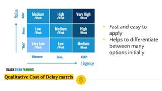 Qualitative Cost of Delay matrix
◉ Fast and easy to
apply
◉ Helps to differentiate
between many
options initially
 