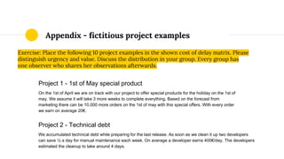 Appendix - fictitious project examples
Project 1 - 1st of May special product
On the 1st of April we are on track with our project to offer special products for the holiday on the 1st of
may. We assume it will take 3 more weeks to complete everything. Based on the forecast from
marketing there can be 10.000 more orders on the 1st of may with this special offers. With every order
we earn on average 20€.
Project 2 - Technical debt
We accumulated technical debt while preparing for the last release. As soon as we clean it up two developers
can save ½ a day for manual maintenance each week. On average a developer earns 400€/day. The developers
estimated the cleanup to take around 4 days.
Exercise: Place the following 10 project examples in the shown cost of delay matrix. Please
distinguish urgency and value. Discuss the distribution in your group. Every group has
one observer who shares her observations afterwards.
 