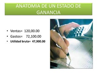 ANATOMIA DE UN ESTADO DE
GANANCIA
• Ventas= 120,00.00
• Gastos= 72,100.00
• Utilidad bruta= 47,900.00
 