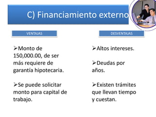 C) Financiamiento externo
VENTAJAS DESVENTAJAS
Monto de
150,000.00, de ser
más requiere de
garantía hipotecaria.
Se puede solicitar
monto para capital de
trabajo.
Altos intereses.
Deudas por
años.
Existen trámites
que llevan tiempo
y cuestan.
 