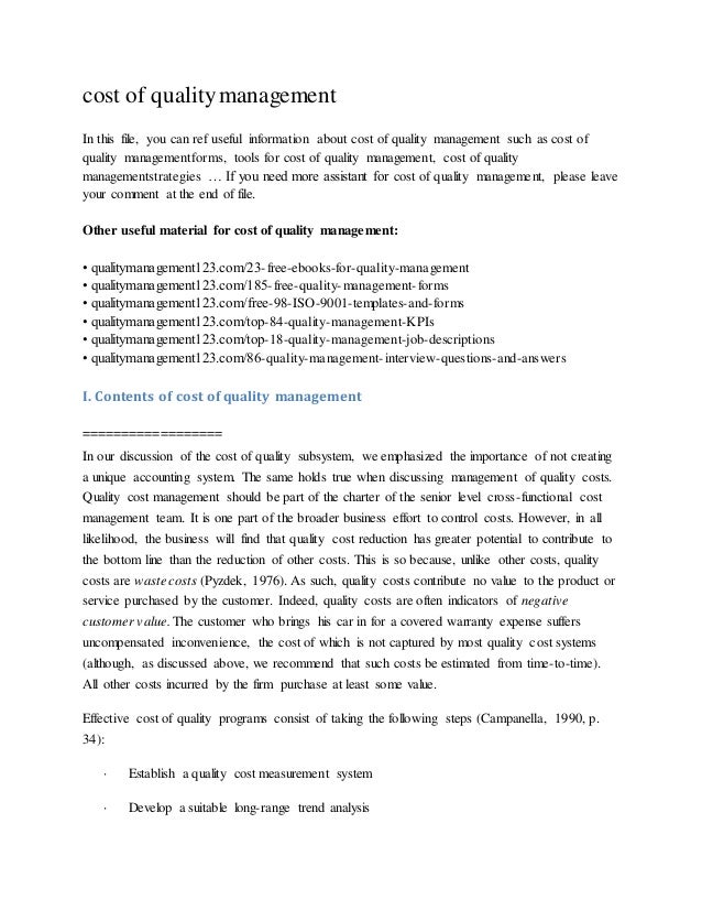 Cost of quality management