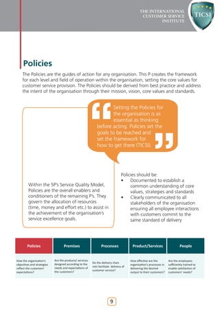 Policies
    The Policies are the guides of action for any organisation. This P creates the framework
    for each level and field of operation within the organisation, setting the core values for
    customer service provision. The Policies should be derived from best practice and address
    the intent of the organisation through their mission, vision, core values and standards.


                                                                    Setting the Policies for
                                                                    the organisation is as
                                                                    essential as thinking
                                                            before acting. Policies set the
                                                            goals to be reached and
                                                            set the framework for
                                                            how to get there (TICSI).




                                                                                 Policies should be:
                                                                                 •    Documented to establish a
         Within the 5P’s Service Quality Model,                                       common understanding of core
         Policies are the overall enablers and                                        values, strategies and standards
         conditioners of the remaining P’s. They                                 •    Clearly communicated to all
         govern the allocation of resources                                           stakeholders of the organisation
         (time, money and effort etc.) to assist in                                   ensuring all employee interactions
         the achievement of the organisation’s                                        with customers commit to the
         service excellence goals.                                                    same standard of delivery




        Policies                   Premises                     Processes               Product/Services                      People


How the organisation’s      Are the products/ services                                 How effective are the         Are the employees
                            designed according to the    Do the delivery chan-
objectives and strategies                                                              organisation’s processes in   sufficiently trained to
                            needs and expectations of    nels facilitate delivery of
reflect the customers’                                                                 delivering the desired        enable satisfaction of
                            the customers?               customer service?
expectations?                                                                          output to their customers?    customers’ needs?




                                                                        9
 