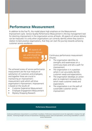 Performance Measurement
   In addition to the five P’s, the model places high emphasis on the Measurement
   Improvement cycle. Service Quality Performance Measurement is the key management tool
   for directing improvement in the organisation across all levels. All aspects of service delivery
   can be measured. It is only when organisations can correctly identify where they stand in
   relation to best practice organisations, that they can start the journey towards achieving
   customer service excellence.


                                  All aspects of
                                  service delivery
                             can and should be                               Continuous performance measurement
                             measured (TICSI).                               ensures:
                                                                             •   The organisation identifies its
                                                                                 strengths and weaknesses on a
                                                                                 continuous basis and sets a path for
                                                                                 improvement
  The achieved scores of service performance                                 •   The organisation is in a position
  measurement are the true measure of                                            where it can accurately identify
  satisfaction of customers and employees,                                       customer needs and expectations
  and together these are crucial in                                          •   The organisation develops an action
  maintaining an improvement -                                                   plan to implement improvements
  measurement cycle which will drive                                             which meet customer needs and
  organisation’s improvement. Improvement                                        expectations
  is based on the results of:                                                •   The organisation is on the path of
  •     Customer Experience Measurement                                          sustainable customer service
  •     Employee Engagement Measurement                                          improvement
  •     Mystery Shopping Research




                                                    Performance Measurement


Continuous performance measurement is a crucial factor in excellence. Performance measurement ensures the organisation is moving in the right
direction, monitoring strengths and areas of improvement, identifying customer needs and expectations, and ensuring sustainability in customer
                                                            service improvement.




                                                                      14
 