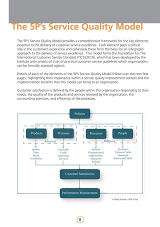 The 5P’s Service Quality Model
 The 5P’s Service Quality Model provides a comprehensive framework for the key elements
 essential to the delivery of customer service excellence. Each element plays a critical
 role in the customer’s experience and cohesively these form the basis for an integrated
 approach to the delivery of service excellence. This model forms the foundation for The
 International Customer Service Standard (TICSS2010), which has been developed by the
 Institute and consists of a set of practical customer service guidelines which organisations
 can be formally assessed against.

 Details of each of the elements of the 5P’s Service Quality Model follow over the next few
 pages, highlighting their importance within a service quality improvement context and the
 implementation benefits that this model can bring to an organisation.

 Customer satisfaction is defined by the people within the organisation responding to their
 needs, the quality of the products and services received by the organisation, the
 surrounding premises, and efficiency of the processes.



                                                   Policies




          Products                   Premises                  Processes                 People

                        Attractors                                           Retainers

          Quality                    Assessable                  Defined               Awareness
           Value                       Usable                 Communicated           Technical Skills
           Brand                     Interesting               Implemented             Teamwork
         Availability                 Serviced                  Measured            Behavioural Skills
                                                                 Refined



                                            Customer Satisfaction




                                         Performance Measurement
                                                                                   © Philip Forrest (1985-2010)




                                                      8
 
