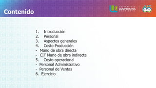 Contenido
1. Introducción
2. Personal
3. Aspectos generales
4. Costo Producción
- Mano de obra directa
- CIF Mano de obra indirecta
5. Costo operacional
- Personal Administrativo
- Personal de Ventas
6. Ejercicio
 