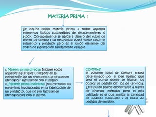 MATERIA PRIMA :


            Se define como materia prima a todos aquellos
            elementos físicos susceptibles de almacenamiento ó
            stock. Contablemente se ubicará dentro del rubro de
            bienes de cambio y su naturaleza podrá variar según el
            elemento a producir pero es el único elemento del
            costo de fabricación nítidamente variable.




1. Materia prima directa: Incluye todos              COMPRAS:
aquellos materiales utilizados en la                 el volumen ideal de compra estará
elaboración de un producto que se pueden             determinado por el lote óptimo que
identificar fácilmente con el mismo.                 será el punto donde se igualan los
2. Materia prima indirecta: Incluye todos los        costos de pedido con los de tenencia.
materiales involucrados en la fabricación de         Este punto puede encontrarse a través
un producto, que no son fácilmente                   de diversos métodos pero el más
identificables con el mismo.                         utilizado es el que analiza la cantidad
                                                     de pedidos mensuales y el costo de
                                                     pedidos de emisión.
 