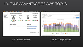 10. TAKE ADVANTAGE OF AWS TOOLS
AWS Trusted Advisor AWS EC2 Usage Reports
 