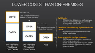 LOWER COSTS THAN ON-PREMISES
On-Premises

Traditional

Data Centre
On-Premises

Virtualised

Data Centre
AWS
CAPEX
CAPEX
OPEX
OPEX
OPEX
Cost savings from running
internal IT more efficiently
Cost savings from moving
to a cloud provider
AWS Scale
• Multiple new data centres built each year

• Volume purchasing, highly automated
supply chain optimisation

Utilisation fundamentally higher in the AWS
Cloud
• Aggregating non-correlated workloads,
scale, spot market

Amazon specific hardware designs 

• OEM acquisition of custom servers and
networking equipment

• Direct purchasing of memory, disk & CPU

• AWS controlled hypervisor and network
protocol layers
 
