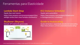 © 2018, Amazon Web Services, Inc. or its Affiliates. All rights reserved.© 2018, Amazon Web Services, Inc. or its affiliates. All rights reserved.
Ferramentas para Elasticidade
EC2 Instance Scheduler
Opção semi-automática
https://aws.amazon.com/answers/infrastructur
e-management/ec2-scheduler/
Lambda Start-Stop
Opção faça você mesmo
https://aws.amazon.com/premiumsupport/kno
wledge-center/start-stop-lambda-cloudwatch/
SkySaver (Skyone)
Solução 3P totalmente gerenciada
Guide to Autoscaling
Ajuste demanda e capacidade através do Autoscaling
https://aws.amazon.com/documentation/autoscaling/
 