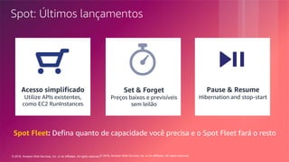 © 2018, Amazon Web Services, Inc. or its Affiliates. All rights reserved.© 2018, Amazon Web Services, Inc. or its affiliates. All rights reserved.
Acesso simplificado
Utilize APIs existentes,
como EC2 RunInstances
Set & Forget
Preços baixos e previsíveis
sem leilão
Pause & Resume
Hibernation and stop-start
Spot Fleet: Defina quanto de capacidade você precisa e o Spot Fleet fará o resto
Spot: Últimos lançamentos
 