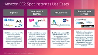 © 2018, Amazon Web Services, Inc. or its Affiliates. All rights reserved.
Amazon EC2 Spot Instances Use Cases
Big data
Containers &
test/dev
HPC & batch
Stateless web
services
FINRA has saved up to 50%
from its on-premises
solution, increased
elasticity/scalability, and
accelerated reprocessing
requests from months to
days with EC2 Spot
Instances
Yelp runs millions of tests
every day with EC2 Spot
Instances. Yelp improved
test result response time
from 2 days to 30 minutes
and has also delivered a
large reduction in execution
costs with Spot.
TLG Aerospace saw a 75%
reduction in the cost per
CFD simulation with
Amazon EC2 Spot Instances.
They were able to pass
those savings along to their
customers and be more
competitive.
AdRoll have been able to
seamlessly scale their
infrastructure, better serve
customers across the globe,
and reduce our fixed costs
by 75% and operational
costs by 83%.with AWS
solution, including EC2 Spot
Instances
 