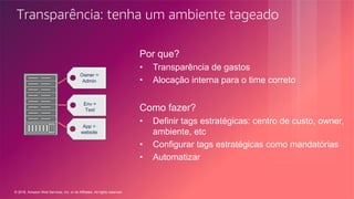 © 2018, Amazon Web Services, Inc. or its Affiliates. All rights reserved.
Transparência: tenha um ambiente tageado
Por que?
• Transparência de gastos
• Alocação interna para o time correto
Como fazer?
• Definir tags estratégicas: centro de custo, owner,
ambiente, etc
• Configurar tags estratégicas como mandatórias
• Automatizar
Owner =
Admin
Env =
Test
App =
website
 