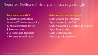 © 2018, Amazon Web Services, Inc. or its Affiliates. All rights reserved.© 2018, Amazon Web Services, Inc. or its affiliates. All rights reserved.
Reportes: Defina métricas para a sua organização
Relacionadas a AWS
% Instâncias desligadas
% horas EC2 cobertos por RIs
% horas utilizadas das RIs
$ Economizado
$ Recursos não tageados
# Recursos subutilizados
Relacionadas ao seu negócio
$ por Usuário ou Transação
$ por Impressão ou Click
$ por Aplicação ou Unidade de negócio
$ por Faturamento
$ por Desenvolvedor
# horas por $ investido
 