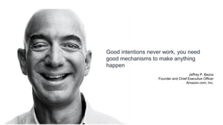 © 2018, Amazon Web Services, Inc. or its Affiliates. All rights reserved.
Good intentions never work, you need
good mechanisms to make anything
happen
Jeffrey P. Bezos
Founder and Chief Executive Officer
Amazon.com, Inc.
 