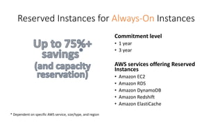 Reserved	Instances	for	Always-On Instances
Commitment	level
• 1	year
• 3	year
AWS	services	offering	Reserved	
Instances
• Amazon	EC2	
• Amazon	RDS
• Amazon	DynamoDB
• Amazon	Redshift
• Amazon	ElastiCache
*	Dependent	on	specific	AWS	service,	size/type,	and	region
 