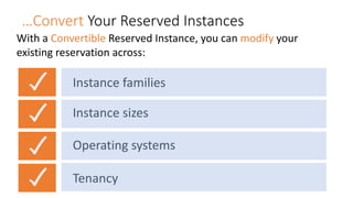 …Convert	Your	Reserved	Instances
With	a	Convertible Reserved	Instance,	you	can	modify your	
existing	reservation	across:
Instance	families	
Instance	sizes
Operating	systems
Tenancy
 