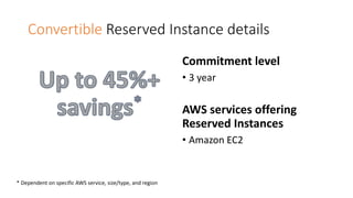 Convertible	Reserved	Instance	details
Commitment	level
• 3	year
AWS	services	offering	
Reserved	Instances
• Amazon	EC2	
*	Dependent	on	specific	AWS	service,	size/type,	and	region
 