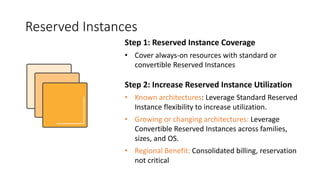 Reserved	Instances
Step	1:	Reserved	Instance	Coverage
• Cover	always-on	resources	with	standard	or	
convertible	Reserved	Instances
Step	2:	Increase	Reserved	Instance	Utilization
• Known	architectures:	Leverage	Standard	Reserved	
Instance	flexibility	to	increase	utilization.
• Growing	or	changing	architectures: Leverage	
Convertible	Reserved	Instances	across	families,	
sizes,	and	OS.
• Regional	Benefit: Consolidated	billing,	reservation	
not	critical
 