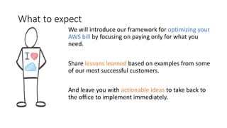 What	to	expect
We	will	introduce	our	framework	for	optimizing	your	
AWS	bill	by	focusing	on	paying	only	for	what	you	
need.	
Share	lessons	learned	based	on	examples	from	some	
of	our	most	successful	customers.	
And	leave	you	with	actionable	ideas to	take	back	to	
the	office	to	implement	immediately.	
 