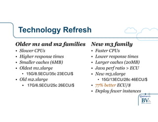 @adrianco
Technology Refresh
Older m1 and m2 families
• Slower CPUs
• Higher response times
• Smaller caches (6MB)
• Oldest m1.xlarge
• 15G/8.5ECU/35c 23ECU/$
• Old m2.xlarge
• 17G/6.5ECU/25c 26ECU/$
New m3 family
• Faster CPUs
• Lower response times
• Larger caches (20MB)
• Java perf ratio > ECU
• New m3.xlarge
• 15G/13ECU/28c 46ECU/$
• 77% better ECU/$
• Deploy fewer instances
 