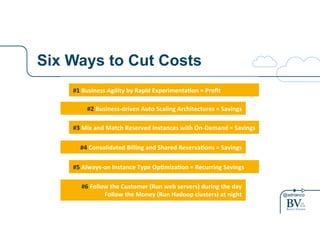 @adrianco
Six Ways to Cut Costs
#1#Business#Agility#by#Rapid#Experimenta8on#=#Proﬁt#
#2#Business>driven#Auto#Scaling#Architectures#=#Savings##
#3#Mix#and#Match#Reserved#Instances#with#On>Demand#=#Savings#
#4#Consolidated#Billing#and#Shared#Reserva8ons#=#Savings#
#5#Always>on#Instance#Type#Op8miza8on#=#Recurring#Savings#
Building#Cost>Aware#Cloud#Architectures#
#6#Follow#the#Customer#(Run#web#servers)#during#the#day#
Follow#the#Money#(Run#Hadoop#clusters)#at#night#
 