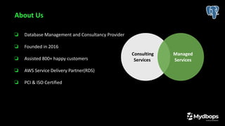 Consulting
Services
Consulting
Services
Managed
Services
❏ Database Management and Consultancy Provider
❏ Founded in 2016
❏ Assisted 800+ happy customers
❏ AWS Service Delivery Partner(RDS)
❏ PCI & ISO Certified
About Us
 