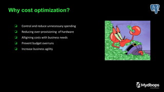 ❏ Control and reduce unnecessary spending
❏ Reducing over-provisioning of hardware
❏ Alligining costs with business needs
❏ Prevent budget overruns
❏ Increase business agility
Why cost optimization?
 