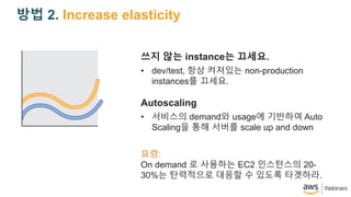 ?? 2. Increase elasticity
?? ?? instance? ???.
? dev/test, ?? ???? non-production
instances? ???.
Autoscaling
? ???? demand? usage? ???? Auto
Scaling? ?? ??? scale up and down
??:
On demand ? ???? EC2 ????? 20-
30%? ????? ??? ? ??? ????.
 