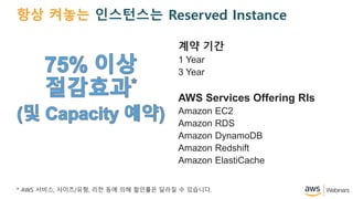?? ??? ????? Reserved Instance
?? ??
1 Year
3 Year
AWS Services Offering RIs
Amazon EC2
Amazon RDS
Amazon DynamoDB
Amazon Redshift
Amazon ElastiCache
* AWS ???, ???/??, ?? ?? ?? ???? ??? ? ????.
 