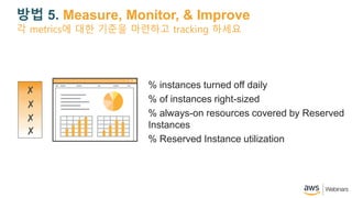 ?? 5. Measure, Monitor, & Improve
% instances turned off daily
% of instances right-sized
% always-on resources covered by Reserved
Instances
% Reserved Instance utilization
? metrics? ?? ??? ???? tracking ???
? ?
? ?
?
?
?
?
 