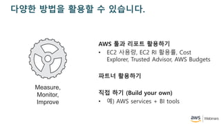 ??? ??? ??? ? ????.
AWS ?? ??? ????
? EC2 ???, EC2 RI ???, Cost
Explorer, Trusted Advisor, AWS Budgets
??? ????
?? ?? (Build your own)
? ?) AWS services + BI tools
Measure,
Monitor,
Improve
 