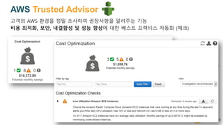 ??? AWS ??? ?? ???? ????? ???? ??
?? ???, ??, ???? ? ?? ??? ?? ??? ???? ??? (??)
Red (action recommended)
Orange (investigation
recommended)
Green (no problem detected)
AWS Trusted Advisor
 