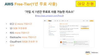 ? EC2 t2.micro 750??
? S3 5GB ????
? RDS micro 750??
? Elasticache micro 750??
? CloudFront 50GB ??? ?
??
?? ? 1?? ??? ?? ??? ???
(http://aws.amazon.com/free/)
AWS Free-Tier(1? ?? ??) ?? ??
 