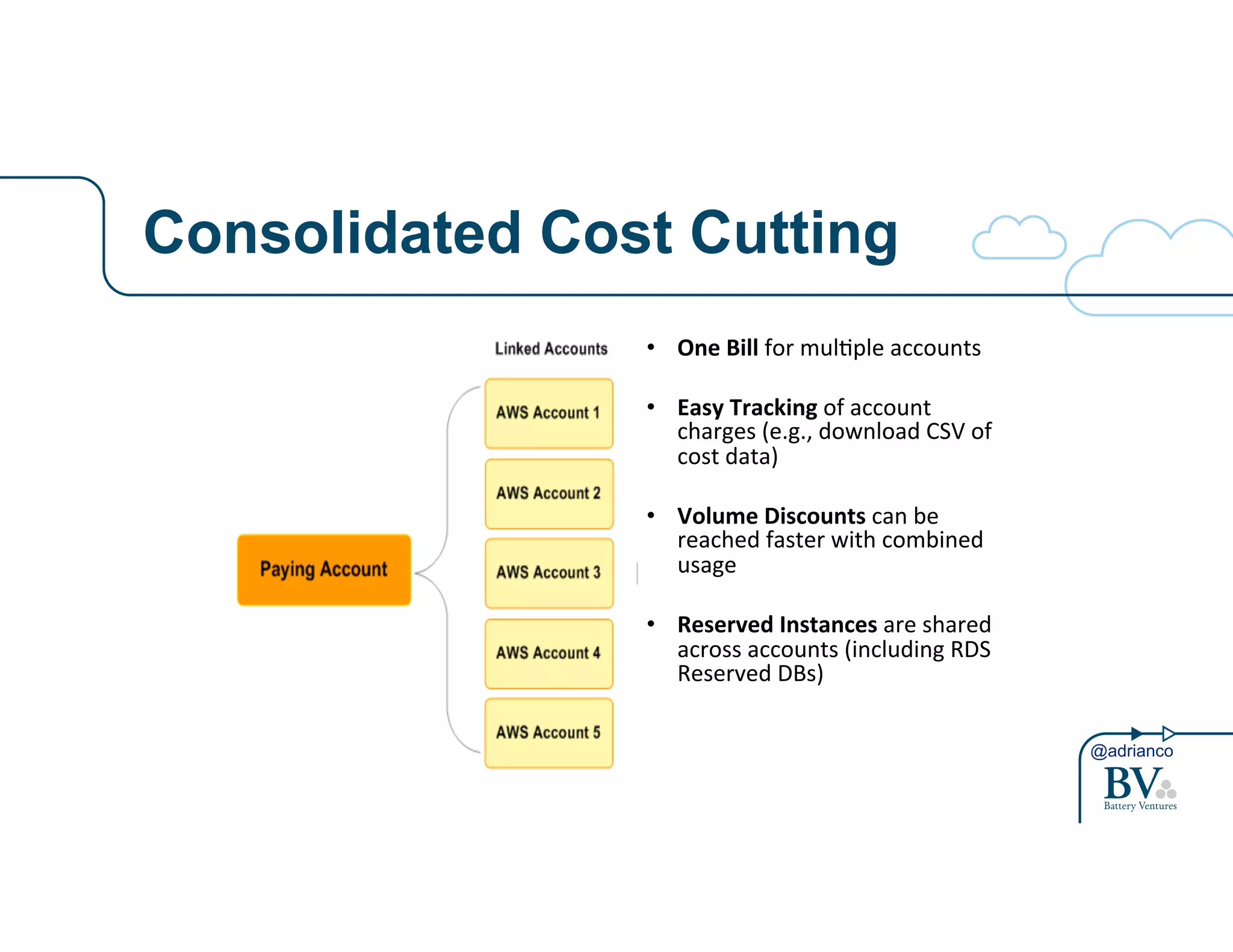 @adrianco 
Consolidated Cost Cutting Consolidated+Billing:+Single+payer+for+a+group+of+ 
accounts+ 
• One$Bill+for+mul7ple+accounts+ 
• Easy$Tracking$of+account+ 
charges+(e.g.,+download+CSV+of+ 
cost+data)+ 
• Volume$Discounts+can+be+ 
reached+faster+with+combined+ 
usage+ 
• Reserved$Instances$are+shared+ 
across+accounts+(including+RDS+ 
Reserved+DBs)+ 
 
