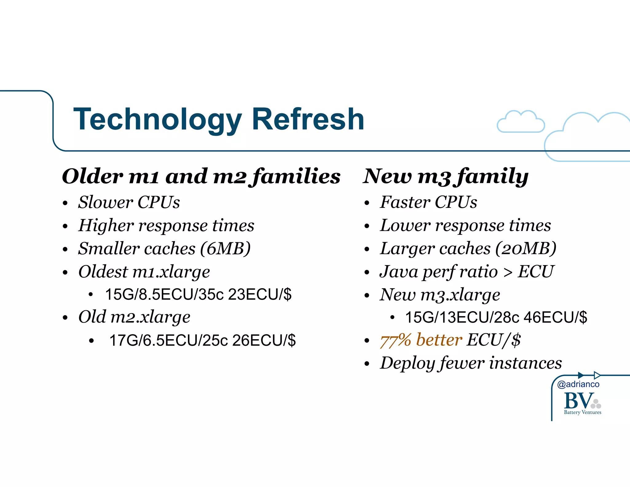 @adrianco 
Technology Refresh 
Older m1 and m2 families 
• Slower CPUs 
• Higher response times 
• Smaller caches (6MB) 
• Oldest m1.xlarge 
• 15G/8.5ECU/35c 23ECU/$ 
• Old m2.xlarge 
• 17G/6.5ECU/25c 26ECU/$ 
New m3 family 
• Faster CPUs 
• Lower response times 
• Larger caches (20MB) 
• Java perf ratio > ECU 
• New m3.xlarge 
• 15G/13ECU/28c 46ECU/$ 
• 77% better ECU/$ 
• Deploy fewer instances 
 
