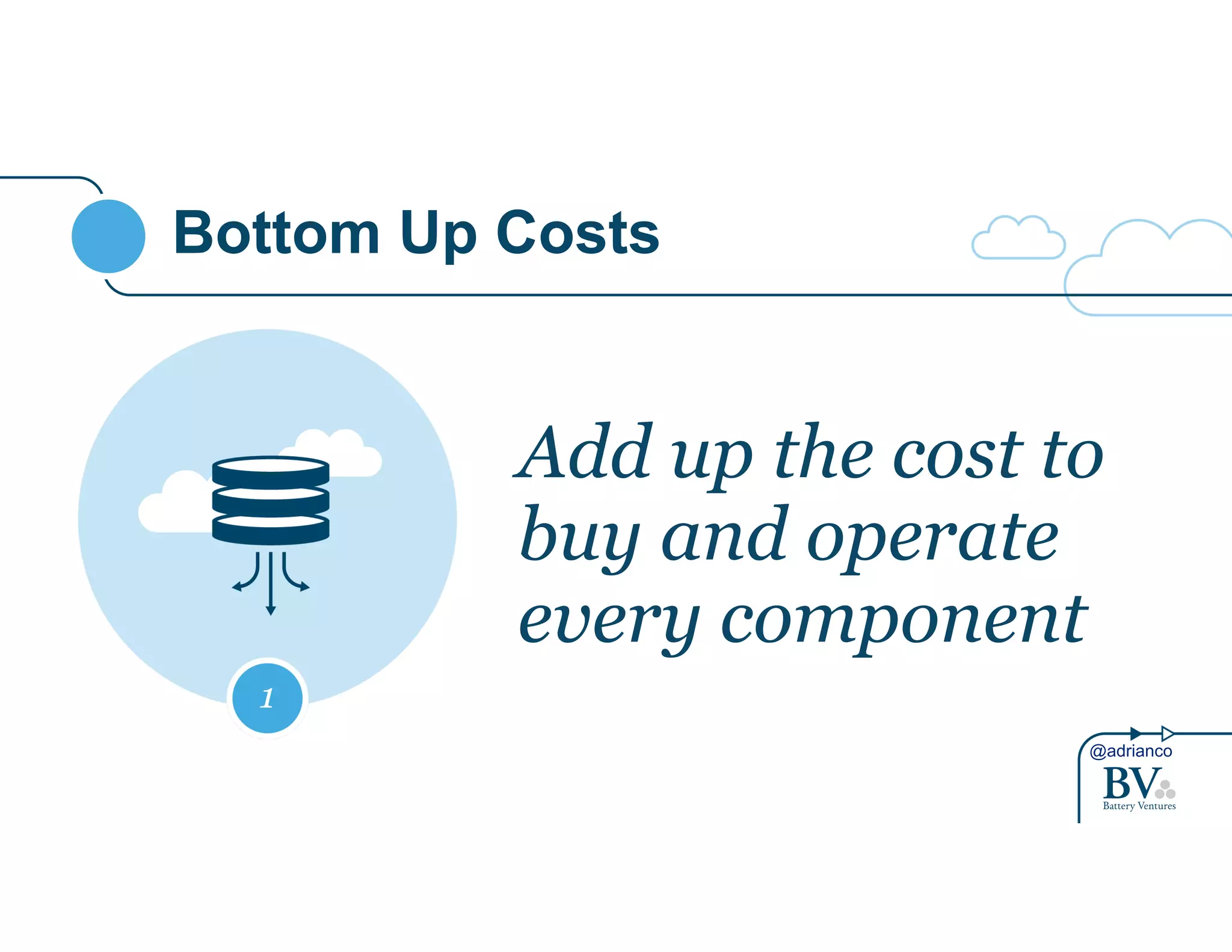 @adrianco 
Bottom Up Costs 
Add up the cost to 
buy and operate 
every component 
1 
 