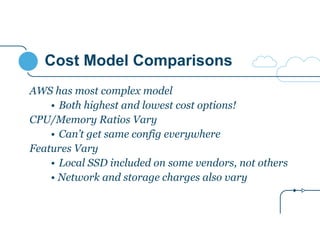 Cost Model Comparisons 
AWS has most complex model 
• Both highest and lowest cost options! 
CPU/Memory Ratios Vary 
• Can’t get same config everywhere 
Features Vary 
• Local SSD included on some vendors, not others 
• Network and storage charges also vary 
 