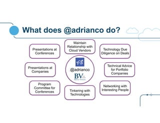What does @adrianco do? 
Maintain 
Relationship with 
Cloud Vendors 
@adrianco 
Technology Due 
Diligence on Deals 
Presentations at 
Conferences 
Presentations at 
Companies 
Technical Advice 
for Portfolio 
Companies 
Program 
Committee for 
Conferences 
Networking with 
Tinkering with Interesting People 
Technologies 
 