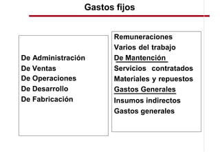 Gastos fijos


                       Remuneraciones
                       Varios del trabajo
De Administración      De Mantención
De Ventas              Servicios contratados
De Operaciones         Materiales y repuestos
De Desarrollo          Gastos Generales
De Fabricación         Insumos indirectos
                       Gastos generales
 
