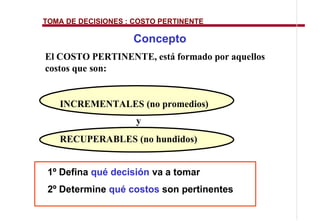 TOMA DE DECISIONES : COSTO PERTINENTE

                    Concepto
El COSTO PERTINENTE, está formado por aquellos
costos que son:


   INCREMENTALES (no promedios)
                     y
   RECUPERABLES (no hundidos)


 1º Defina qué decisión va a tomar
 2º Determine qué costos son pertinentes
 